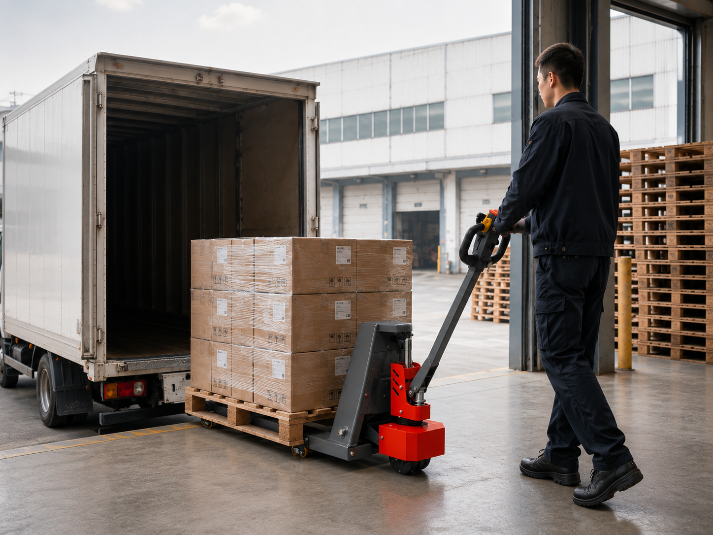 Electric pallet truck working in warehouse