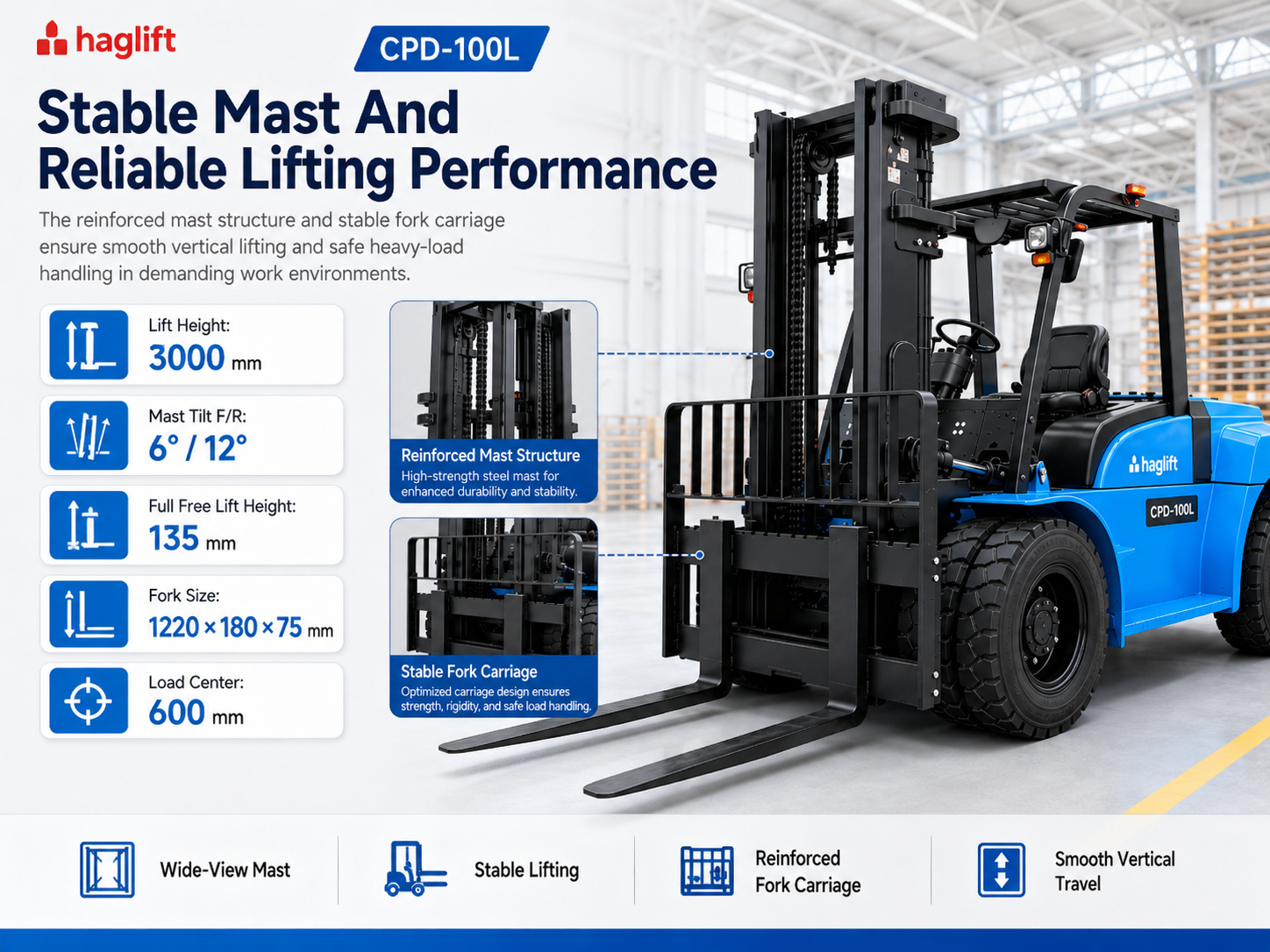CPD-100L stable mast and reliable lifting performance