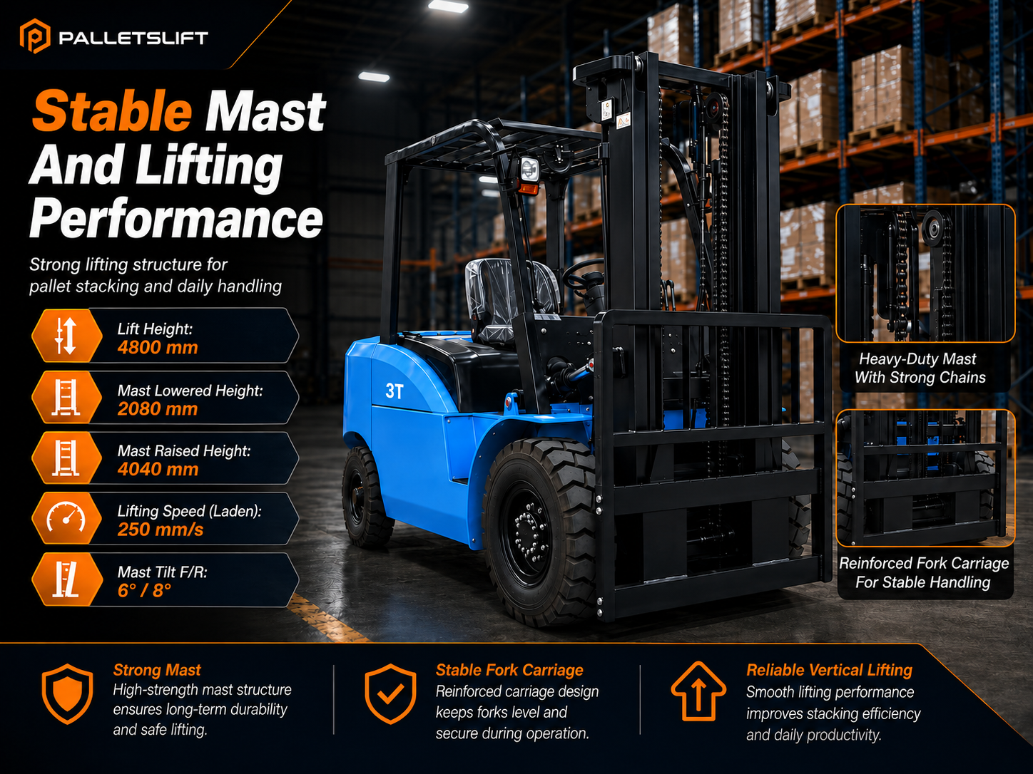 Stable Mast And Lifting Performance 3 Ton Forklift