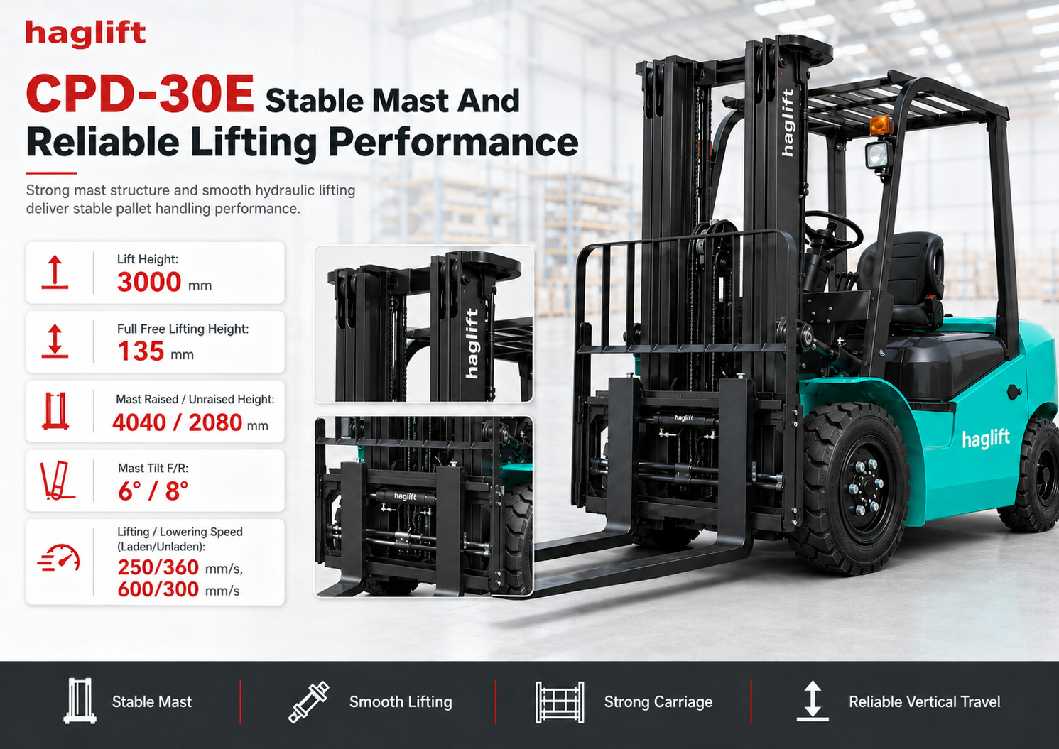CPD-30E stable mast and lifting performance