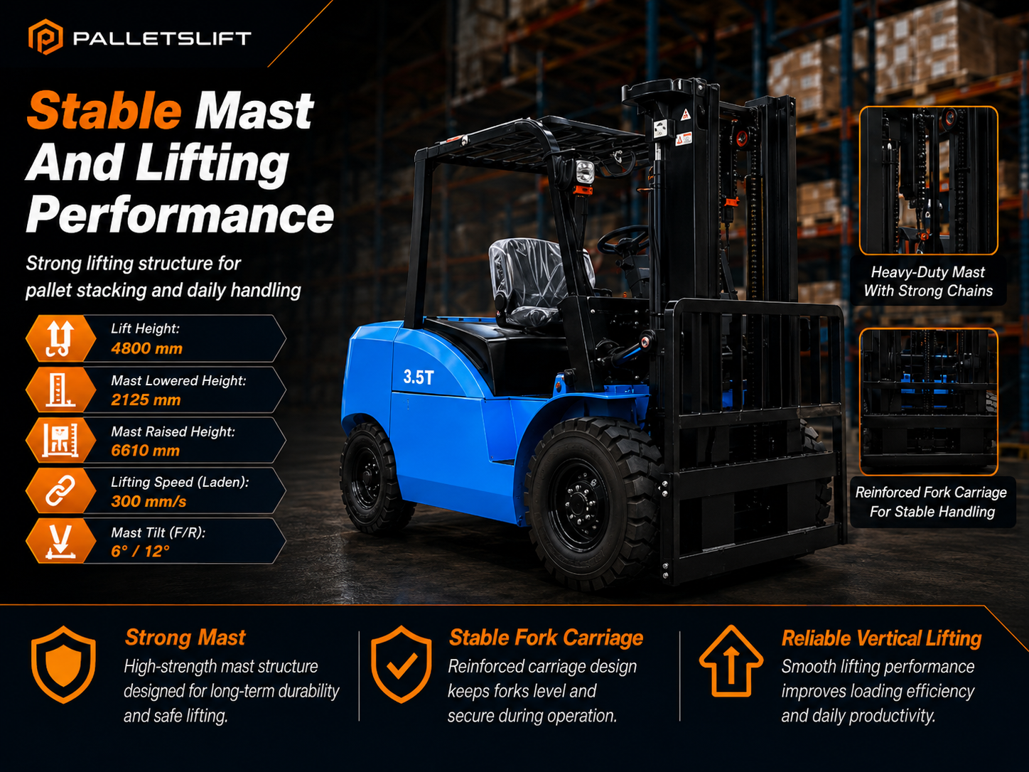 Stable Mast And Lifting Performance 3.5 Ton Forklift