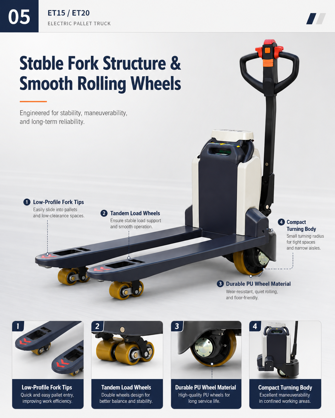 Stable fork structure and smooth rolling wheels