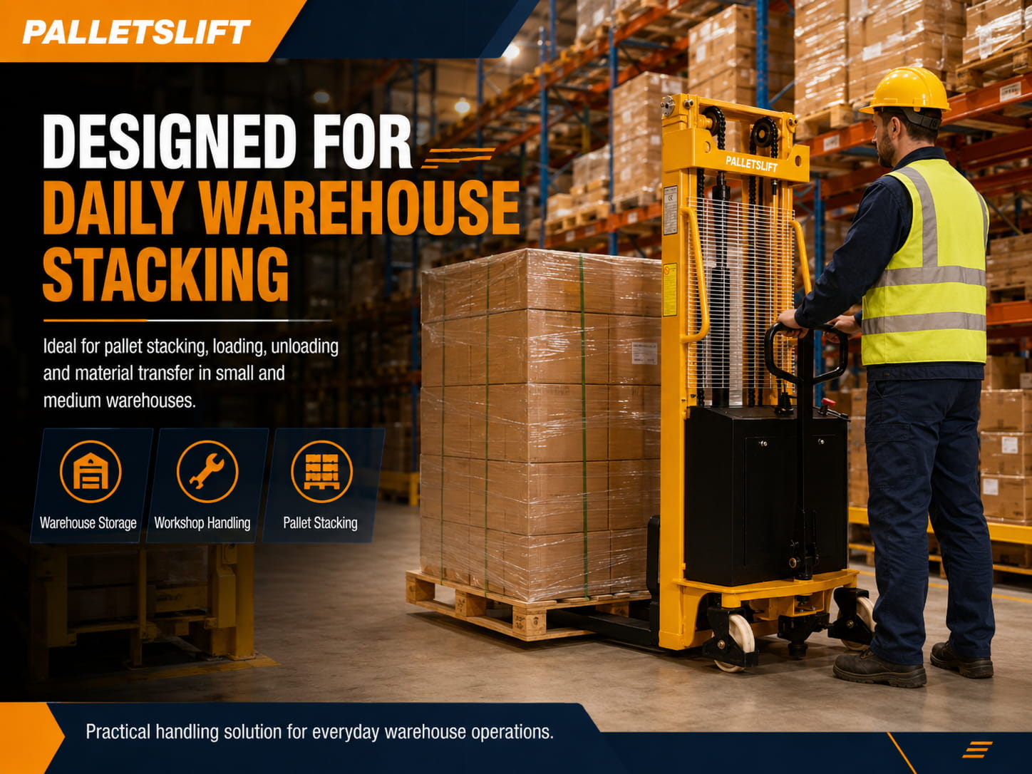 SEMI ELECTRIC PALLET STACKER Designed For Daily Warehouse Stacking