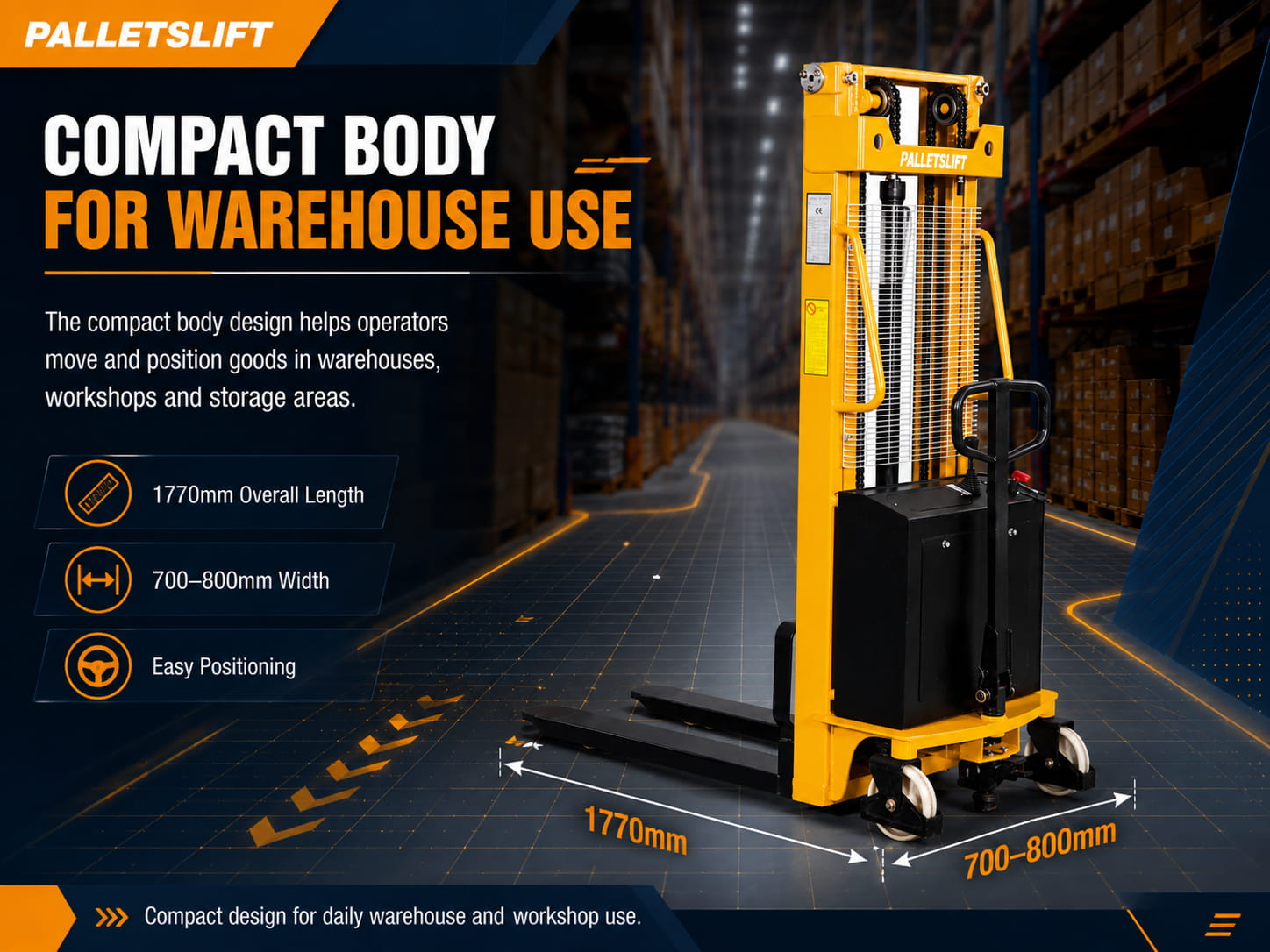 SEMI ELECTRIC PALLET STACKER Compact Body For Warehouse Use
