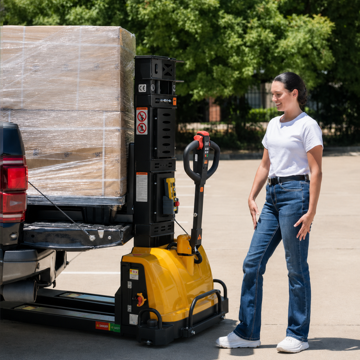 Self-Loading-Stacker Self loading stacker entering a delivery van without a loading dock